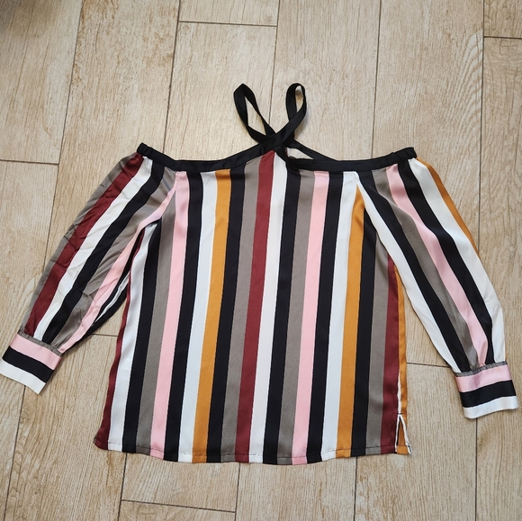 LOFT Off The Shoulder Long Sleeve Blouse Top Striped Halter Neck - Picture 12 of 12